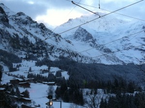 A view from the train arriving to Wengen in the early morning