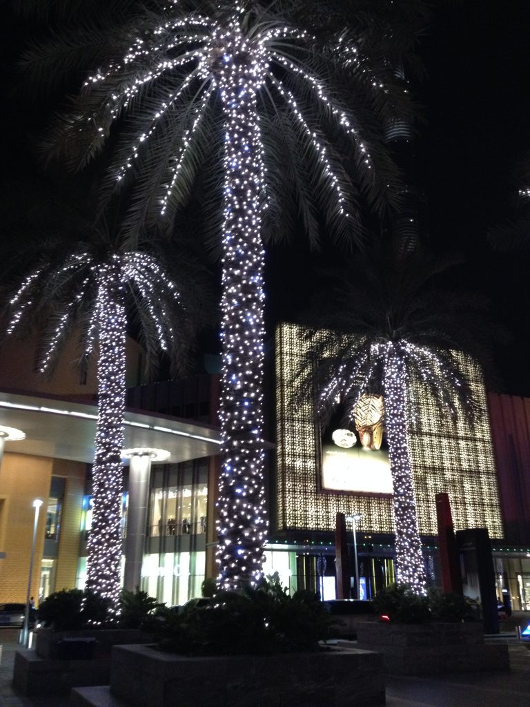 Palm trees clothed in glittering fairy lights at the entrance to a mall