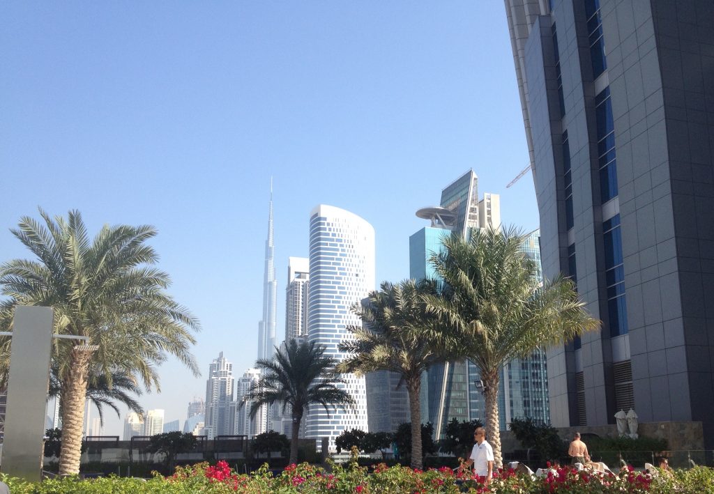 Skyscrapers in Business Bay District with Burj Khalifa in the background